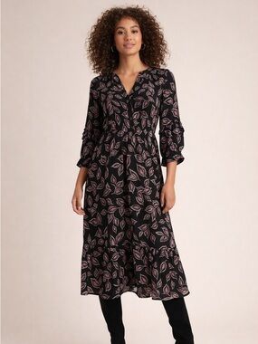 Reitmans Black Midi Dress with Pink Leaf Print size medium
